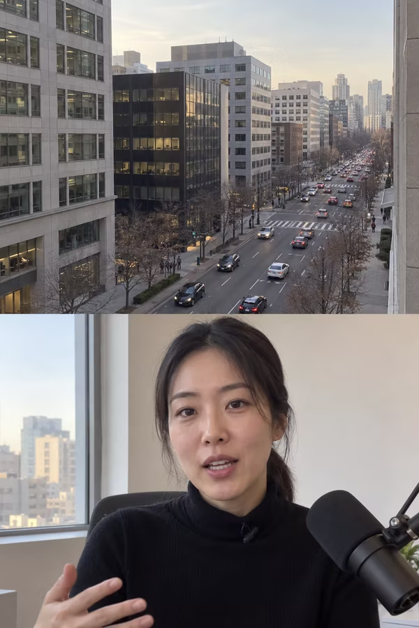 AI host video: a woman talks about careers with a city view above