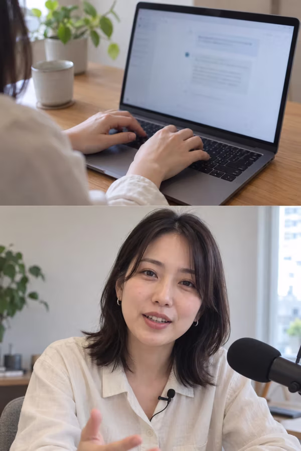AI host video: a woman explains an AI tool at her laptop