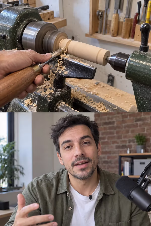 AI host explaining a workshop product, with a lathe shot above